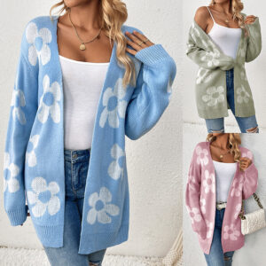 Mid-length Sweater Coat Women's Loose Flower V-neck Knitted Cardigan